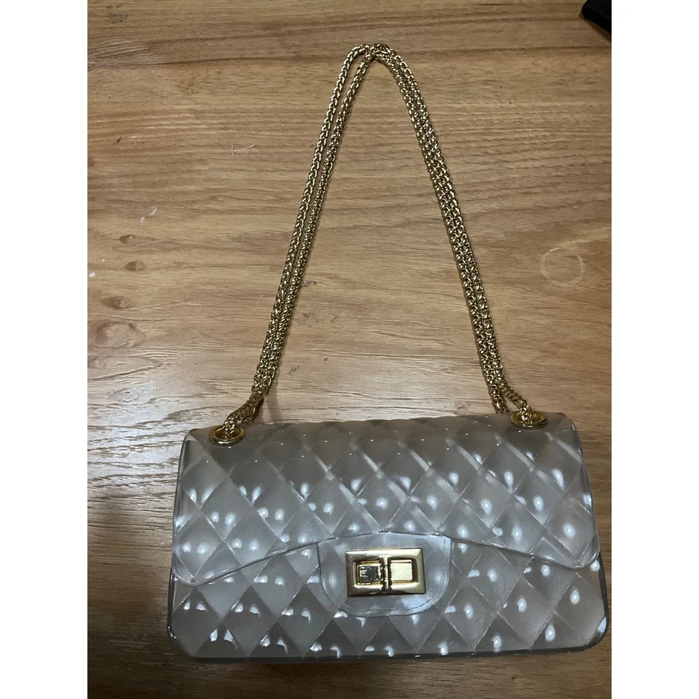 Clear Jelly Quilted Shoulder Bag Gold Chain Strap Smoke Grey PVC Crossbody